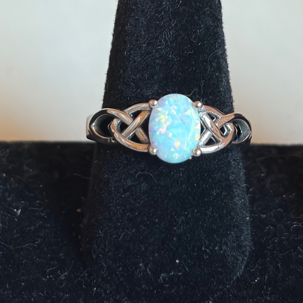 Sterling Silver Celtic Knot White Opal Ring Oval Lab Created Size 7.25 S925
